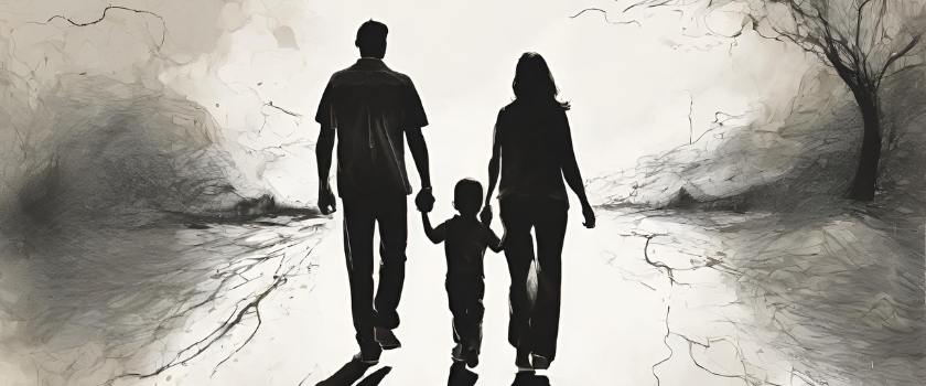 Un père et une mère vus de dos tiennent la main de leur enfant, illustration.