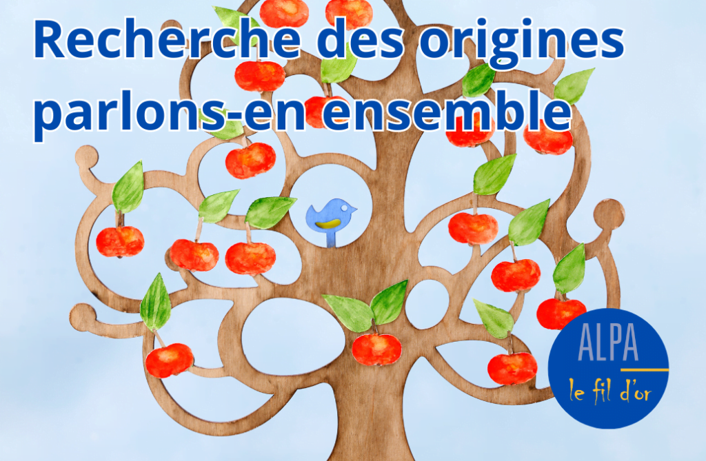 Dessin arbre + Mention "Recherche des origines, parlons-en ensemble.