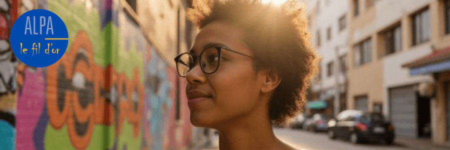 Jeune femme métisse à lunettes se promène dans la rue. Visuel Alpa le fil d'or.